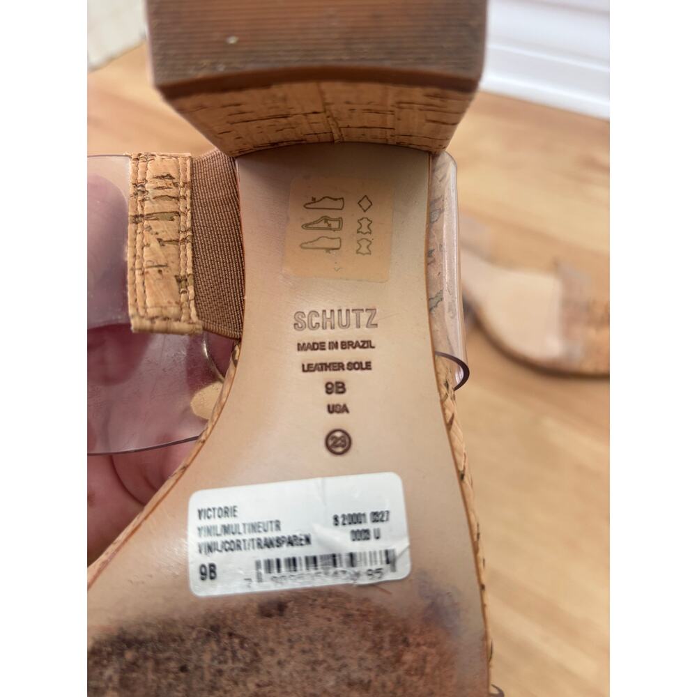 Schutz Clear Cork Shoes Victorie Sandal 9B $140 Vinyl Leather Boho Heel Slip on - Picture 7 of 10